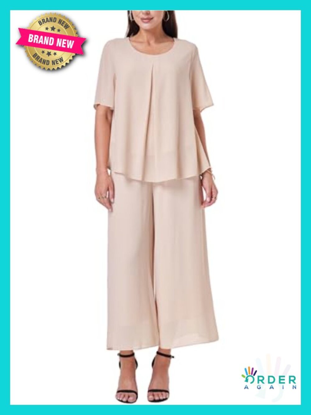 2 Piece Chiffon Pantsuit Set Flowy Blouse Wide Leg Pants Wedding Guest